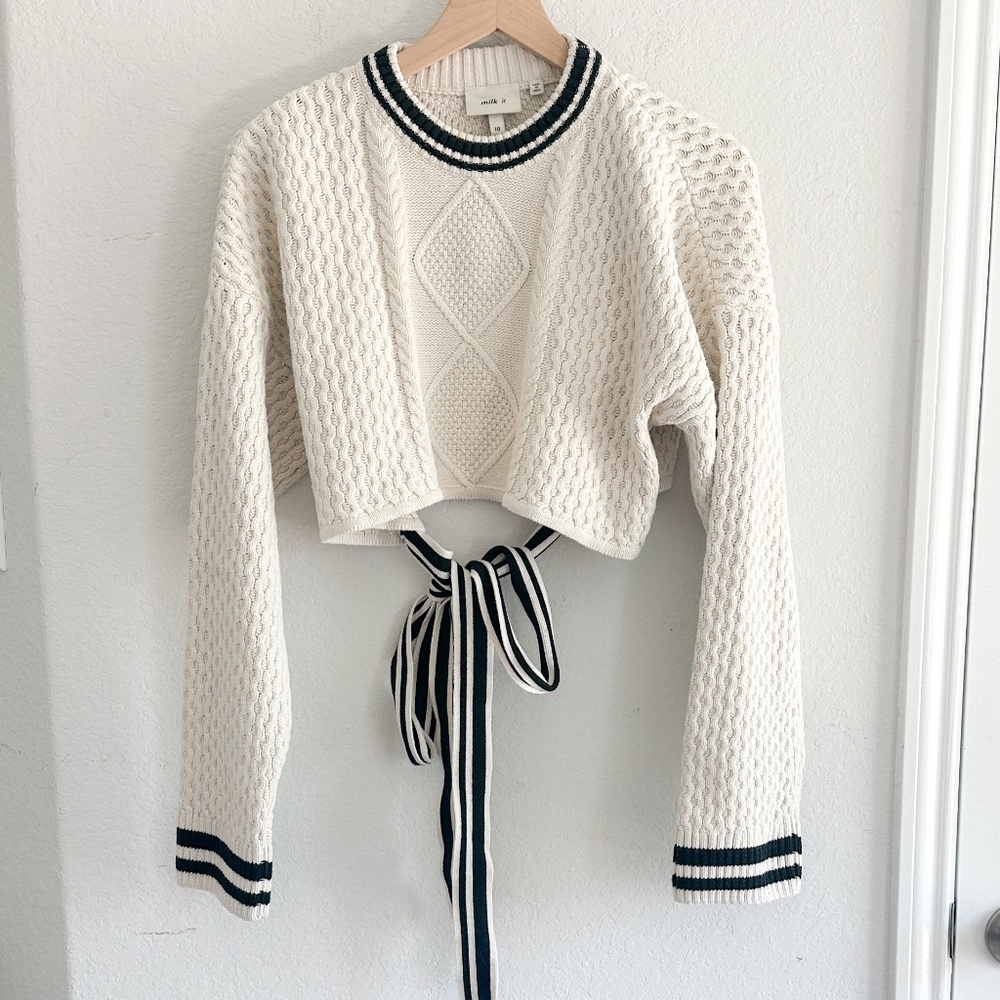 Milk It Cropped Cream Cable-Knit Tie-Front Sweater with Black Trim 10